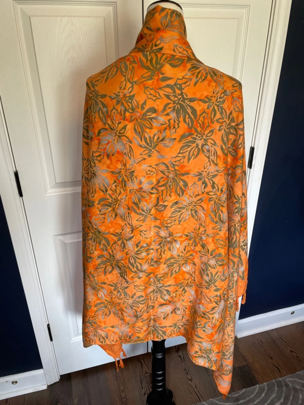Vibrant Orange Floral Wrap Scarf Tasseled Batik Style‎ One Size